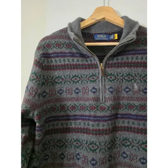 POLO RALPH LAUREN Men's Grey Fair Isle Wool-Cashmere 1/4 Zip Pullover Sweater L